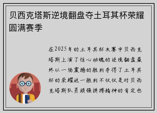 贝西克塔斯逆境翻盘夺土耳其杯荣耀圆满赛季 贝西克塔斯逆境翻盘夺土耳其杯荣耀圆满赛季