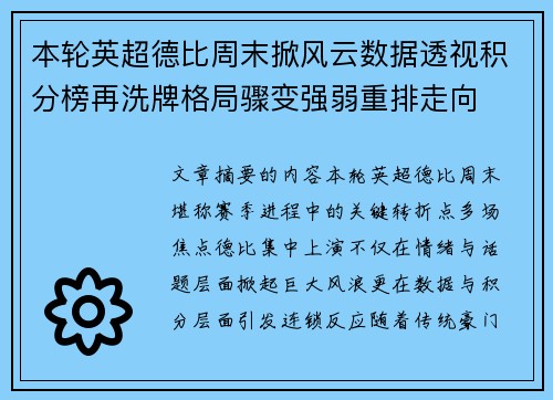 本轮英超德比周末掀风云数据透视积分榜再洗牌格局骤变强弱重排走向 本轮英超德比周末掀风云数据透视积分榜再洗牌格局骤变强弱重排走向